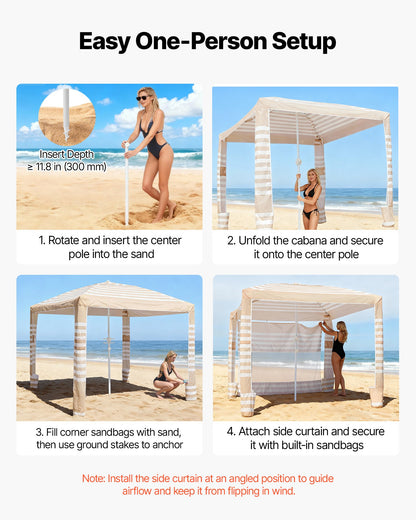 Beach Cabana, 2.4 x 2.4 m Beach Canopy with Side Wall, UPF 50+ Protection Easy Setup Cabana Tent with Sand Pockets, Adjustable Height Portable Shade Sun Shelter Umbrella for Whole Family Friends