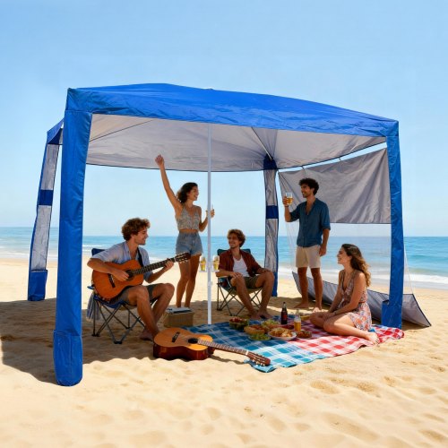Beach Cabana, 2.4 x 2.4 m Beach Canopy with Side Wall, UPF 50+ Protection Easy Setup Cabana Tent with Sand Pockets, Adjustable Height Portable Shade Sun Shelter Umbrella for Family Friends, Blue