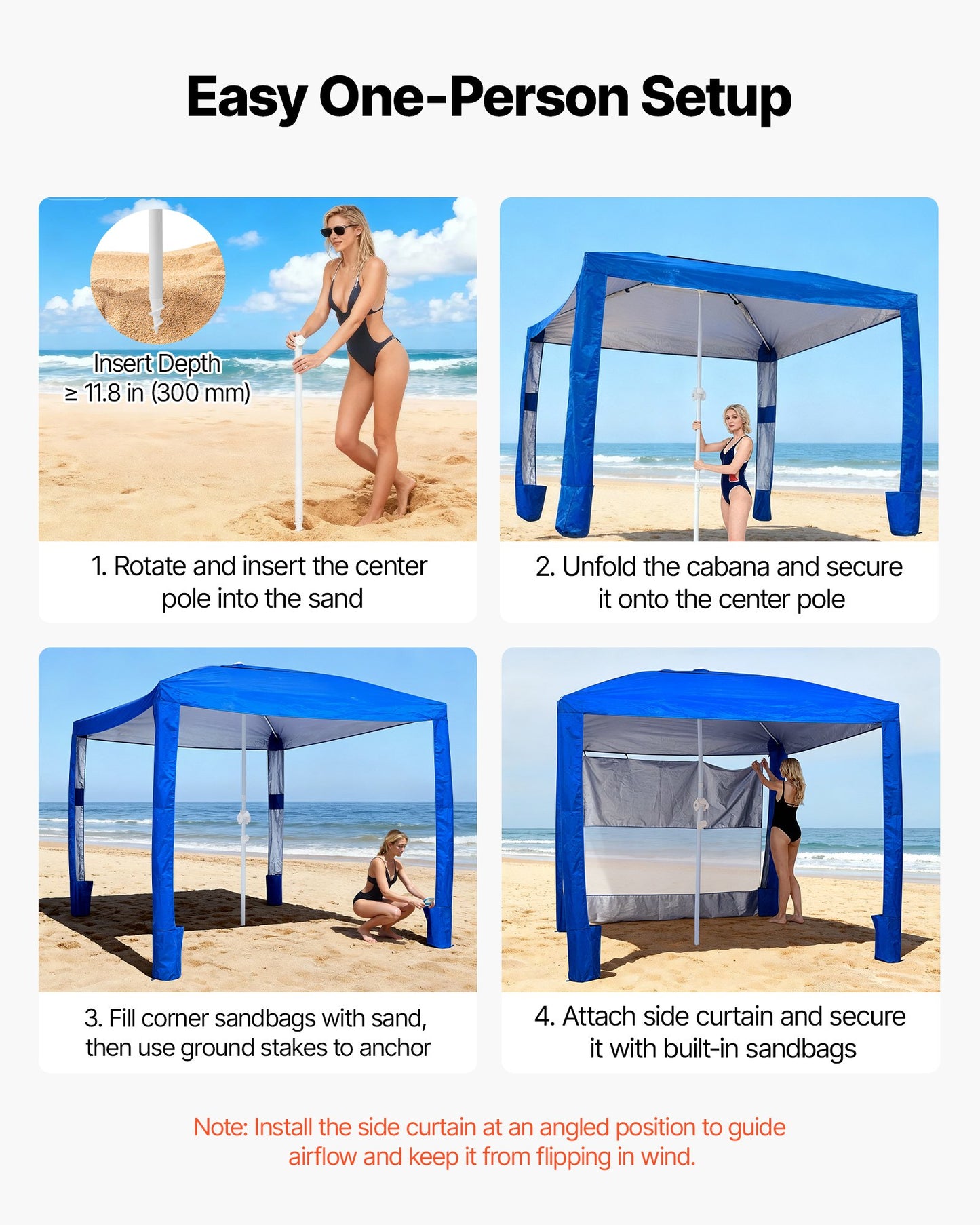 Beach Cabana, 2.4 x 2.4 m Beach Canopy with Side Wall, UPF 50+ Protection Easy Setup Cabana Tent with Sand Pockets, Adjustable Height Portable Shade Sun Shelter Umbrella for Family Friends, Blue