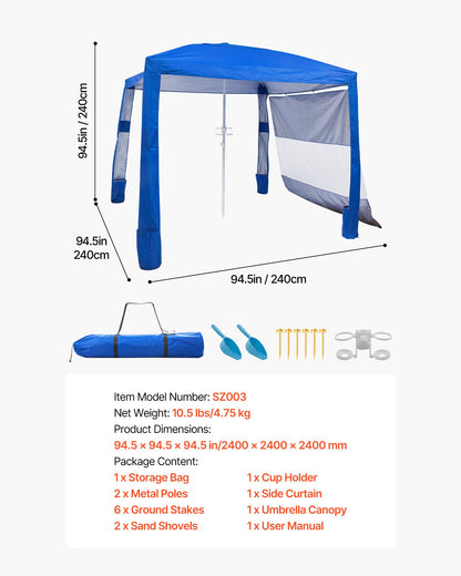 Beach Cabana, 2.4 x 2.4 m Beach Canopy with Side Wall, UPF 50+ Protection Easy Setup Cabana Tent with Sand Pockets, Adjustable Height Portable Shade Sun Shelter Umbrella for Family Friends, Blue