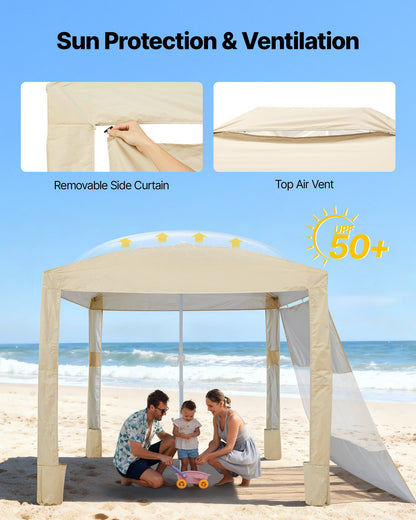 Beach Cabana, 2.4 x 2.4 m Beach Canopy with Side Wall, UPF 50+ Protection Easy Setup Cabana Tent with Sand Pockets, Adjustable Height Portable Shade Sun Shelter Umbrella for Family Friend, Khaki