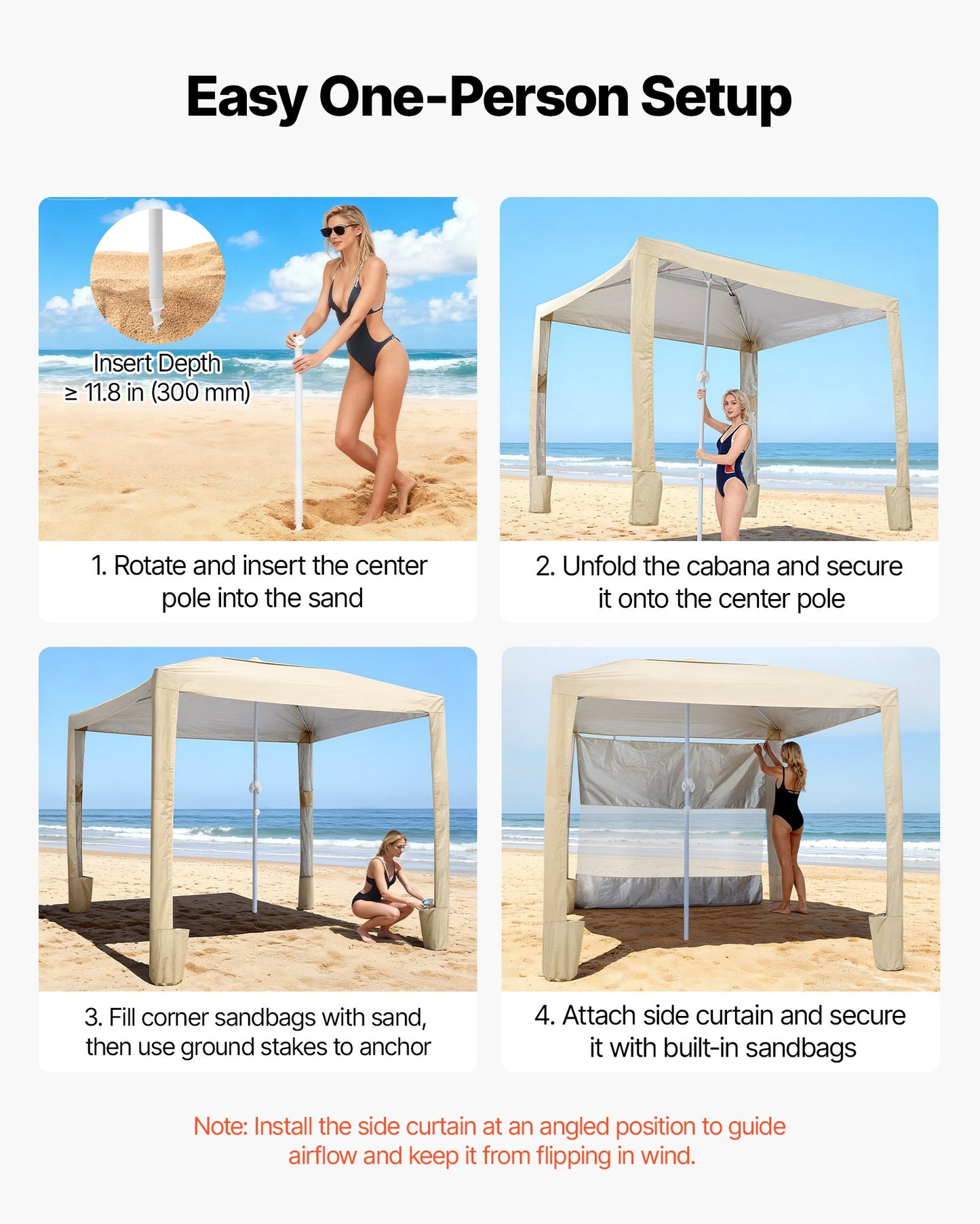 Beach Cabana, 2.4 x 2.4 m Beach Canopy with Side Wall, UPF 50+ Protection Easy Setup Cabana Tent with Sand Pockets, Adjustable Height Portable Shade Sun Shelter Umbrella for Family Friend, Khaki
