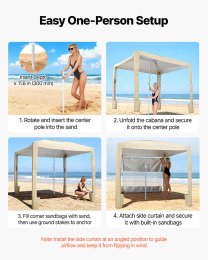 Beach Cabana, 2.4 x 2.4 m Beach Canopy with Side Wall, UPF 50+ Protection Easy Setup Cabana Tent with Sand Pockets, Adjustable Height Portable Shade Sun Shelter Umbrella for Family Friend, Khaki