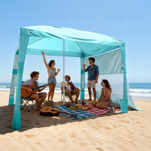 Beach Cabana, 2.4 x 2.4 m Beach Canopy with Side Wall, UPF 50+ Protection Easy Setup Cabana Tent with Sand Pockets, Adjustable Height Portable Shade Sun Shelter Umbrella for Family Friend, Green