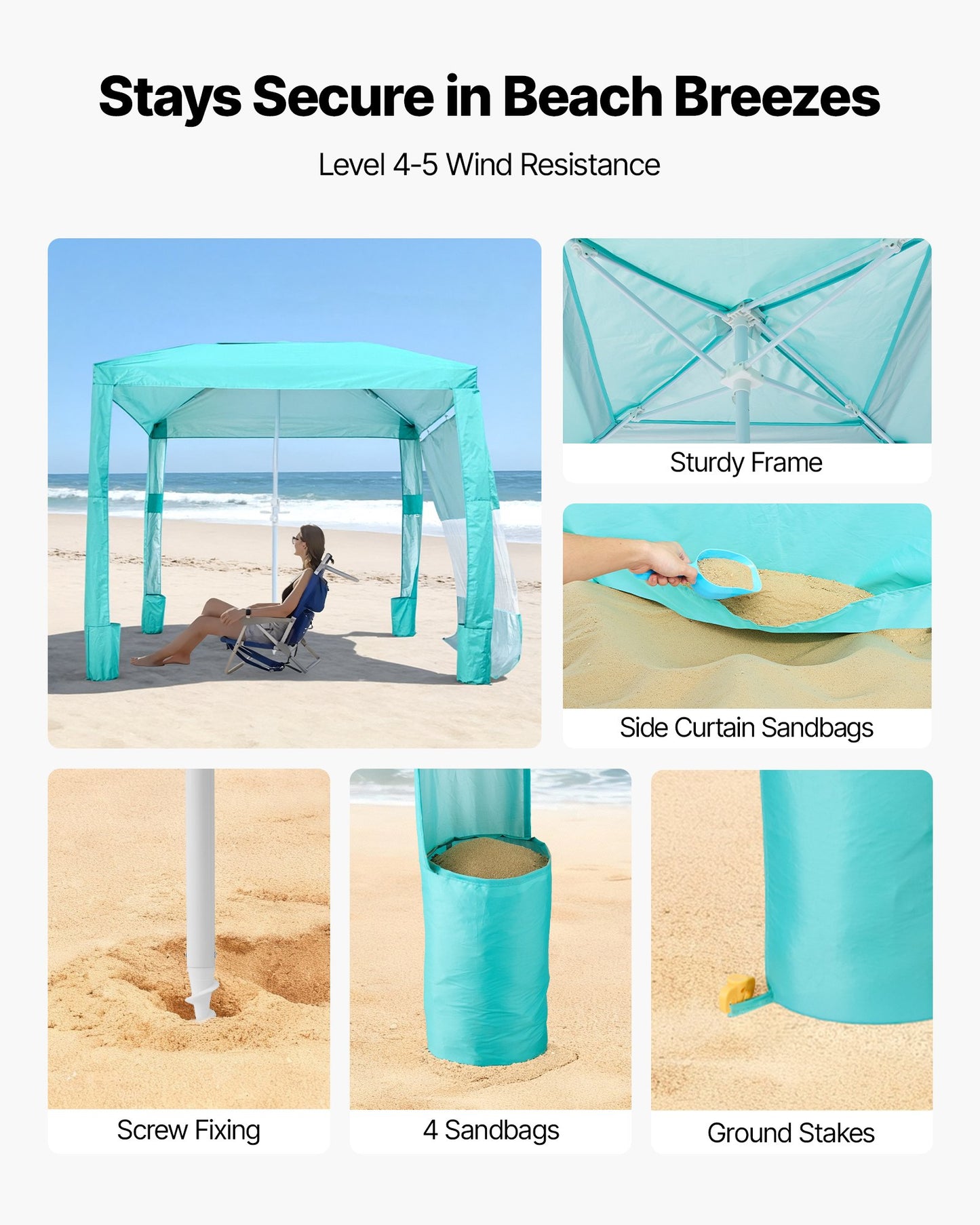 Beach Cabana, 2.4 x 2.4 m Beach Canopy with Side Wall, UPF 50+ Protection Easy Setup Cabana Tent with Sand Pockets, Adjustable Height Portable Shade Sun Shelter Umbrella for Family Friend, Green