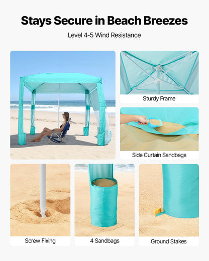 Beach Cabana, 2.4 x 2.4 m Beach Canopy with Side Wall, UPF 50+ Protection Easy Setup Cabana Tent with Sand Pockets, Adjustable Height Portable Shade Sun Shelter Umbrella for Family Friend, Green