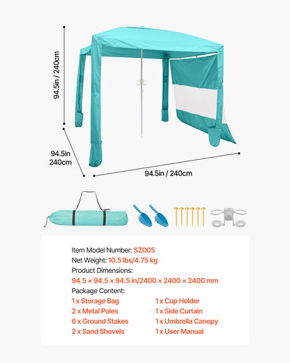 Beach Cabana, 2.4 x 2.4 m Beach Canopy with Side Wall, UPF 50+ Protection Easy Setup Cabana Tent with Sand Pockets, Adjustable Height Portable Shade Sun Shelter Umbrella for Family Friend, Green