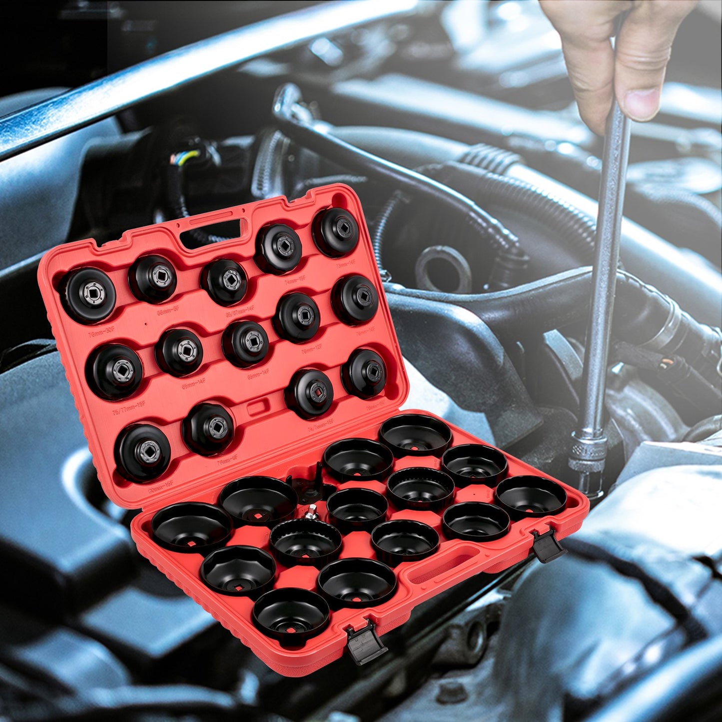 Oljefilterhylsnyckelsats, 30-delars oljefilternyckelsats, Robust oljefilterhylsa i stål, 3/8" oljefilterhylsa, Lågprofils oljefilterhylsnyckelsats för enkel åtkomst, Oljefilternyckelsats