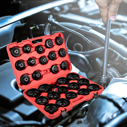 Oljefilterhylsnyckelsats, 30-delars oljefilternyckelsats, Robust oljefilterhylsa i stål, 3/8" oljefilterhylsa, Lågprofils oljefilterhylsnyckelsats för enkel åtkomst, Oljefilternyckelsats