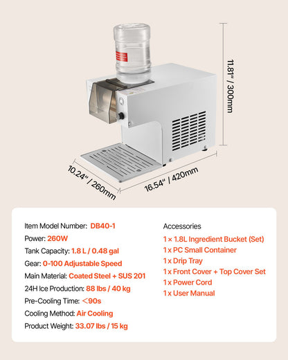 Snöflinge-ismaskin, 40 kg/24 timmar snöflinge-ismaskin, ismaskin med rostfritt stålblad, elektrisk snökonsmaskin med 1,8 liters tank, 90 sekunders snabb förkylning, för hemmet och små sammankomster