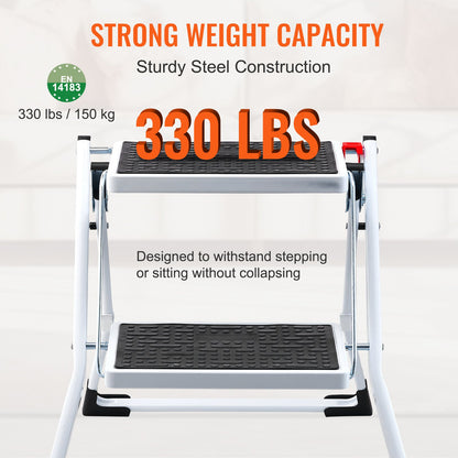 Step Ladder 2-Step 150kg Capacity, Ergonomic Folding Steel Step Stool with Wide Anti-Slip Pedal, Sturdy Step Stool for Adults Toddlers, Multi-Use for Household, Kitchen, Office, RVs