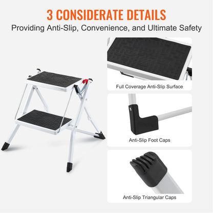 Step Ladder 2-Step 150kg Capacity, Ergonomic Folding Steel Step Stool with Wide Anti-Slip Pedal, Sturdy Step Stool for Adults Toddlers, Multi-Use for Household, Kitchen, Office, RVs