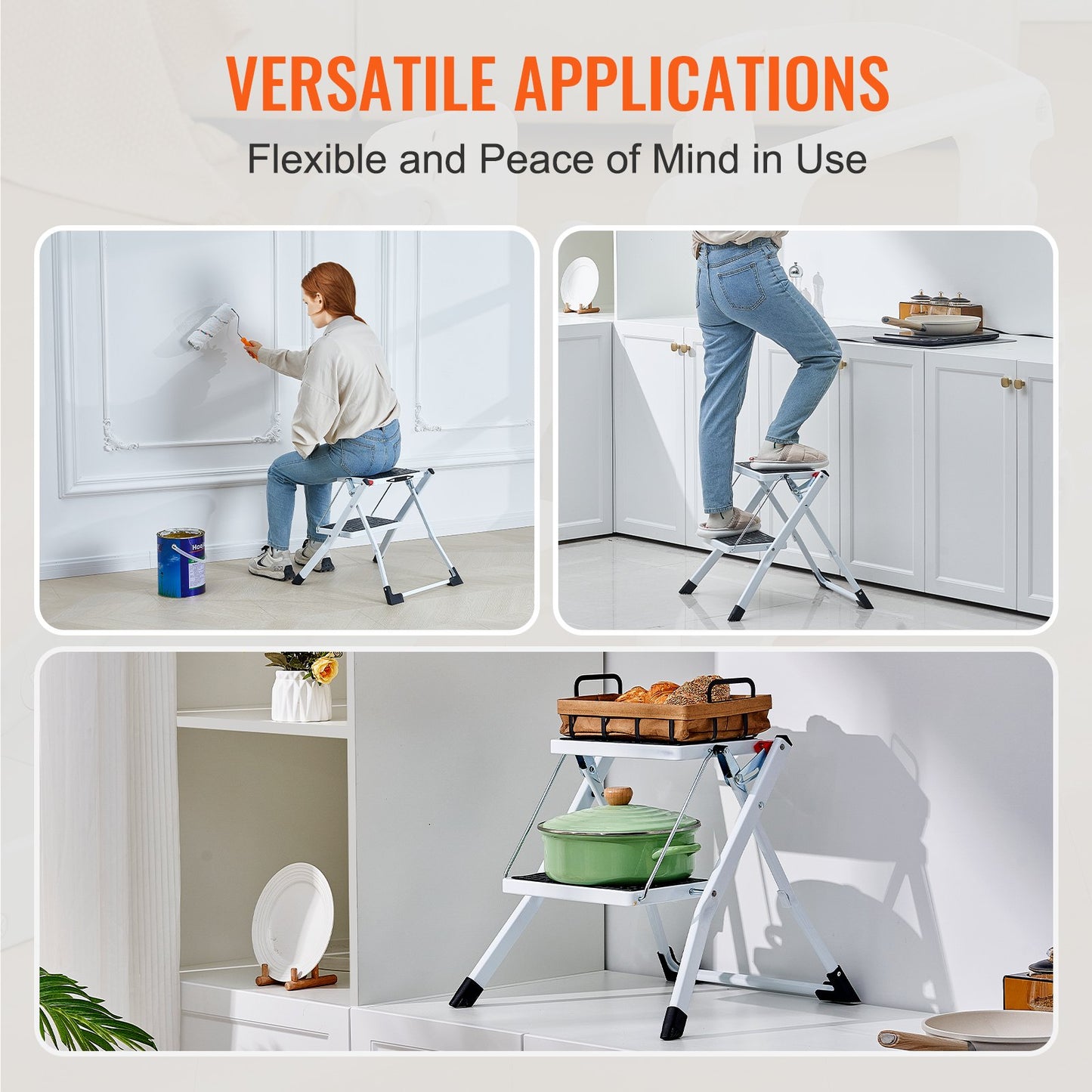 Step Ladder 2-Step 150kg Capacity, Ergonomic Folding Steel Step Stool with Wide Anti-Slip Pedal, Sturdy Step Stool for Adults Toddlers, Multi-Use for Household, Kitchen, Office, RVs