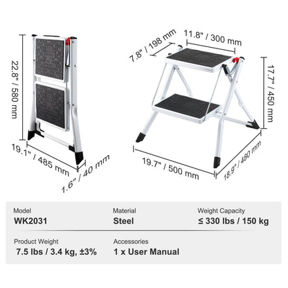 Step Ladder 2-Step 150kg Capacity, Ergonomic Folding Steel Step Stool with Wide Anti-Slip Pedal, Sturdy Step Stool for Adults Toddlers, Multi-Use for Household, Kitchen, Office, RVs