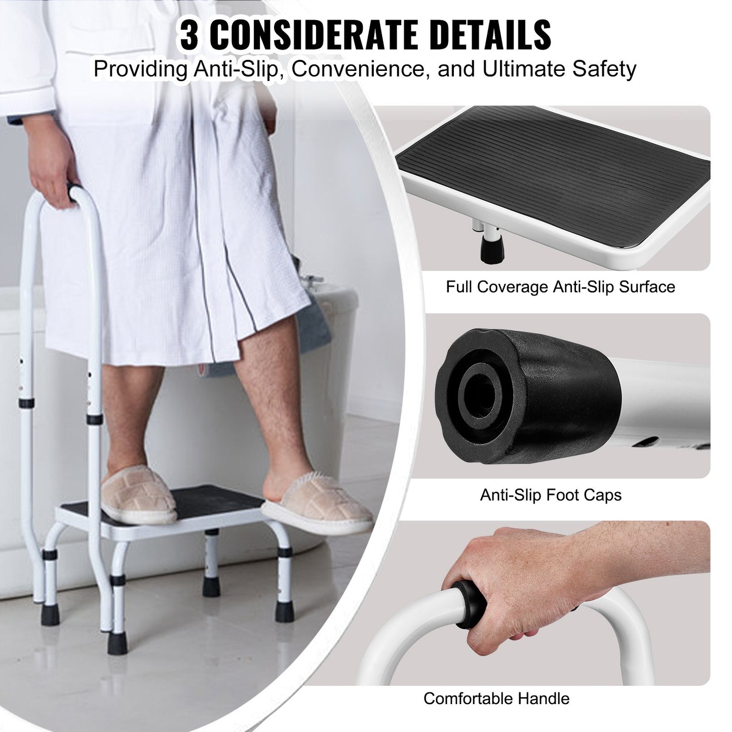 Pall 1-stegs 150 kg kapacitet, 3 justerbara höjder med handtag, stålstege, bärbara småbarnspallar för vuxna, halkfria, robusta stegar för kontor, husbilar, husdjur
