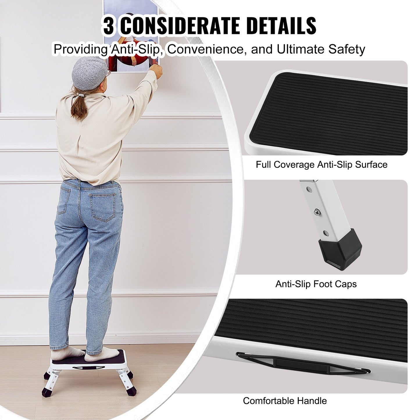 Pall 1-stegs 150 kg kapacitet, hopfällbar stålstege 3 justerbara höjder, bärbara småbarnspallar för vuxna, halkfria och robusta stegar för kontor, husbilar, husdjur, badrum, sovrum