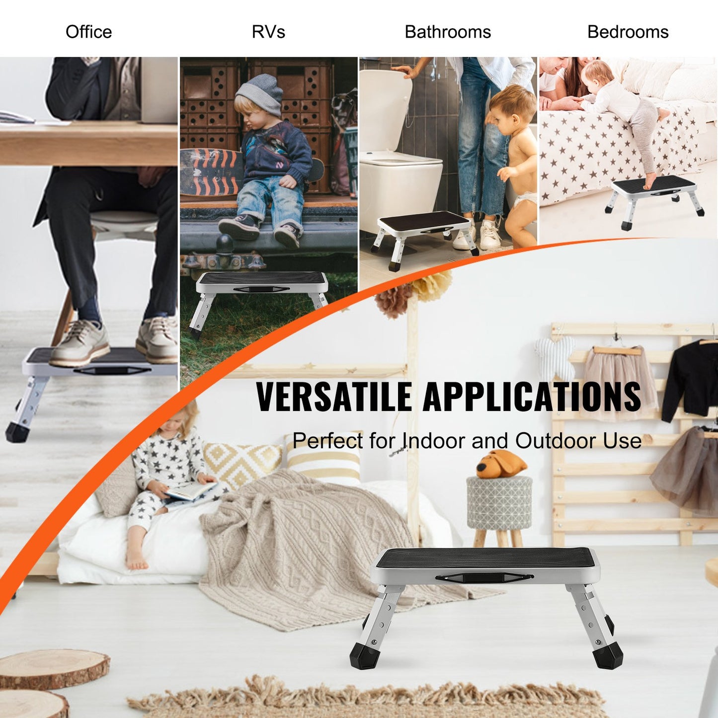 Pall 1-stegs 150 kg kapacitet, hopfällbar stålstege 3 justerbara höjder, bärbara småbarnspallar för vuxna, halkfria och robusta stegar för kontor, husbilar, husdjur, badrum, sovrum