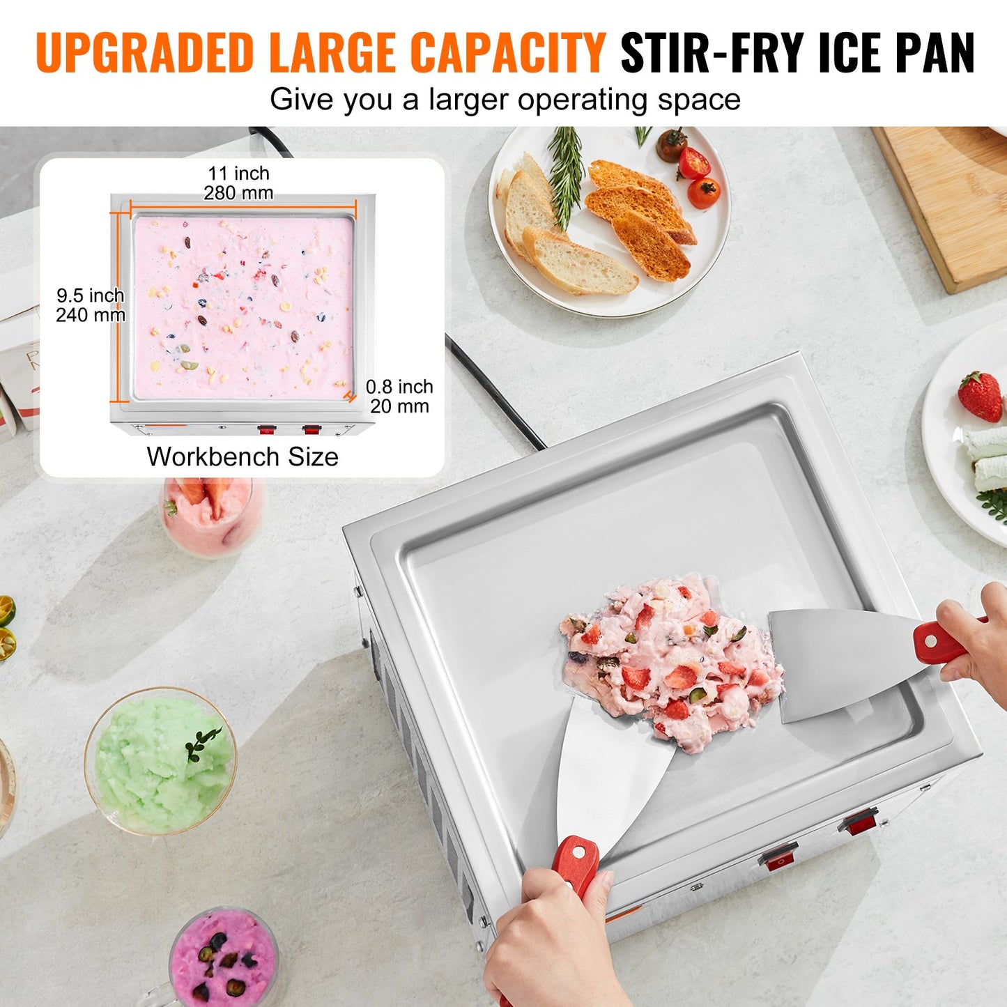 Fried Ice Cream Roll Machine, 11" x 9.5" Stir-Fried Ice Cream Pan, Stainless Steel Rolled Ice Cream Maker with Compressor and 2 Scrapers, for Making Ice Cream, Frozen Yogurt, Ice Cream Rolls