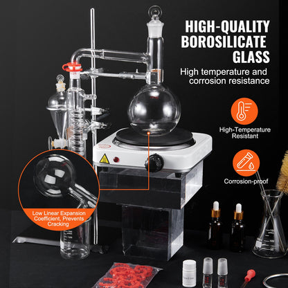 Essential Oil Distillation Kit, 500ml Distillation Apparatus, 3.3 Boro Lab Glassware Distillation Kit with 1000W Heating Plate and 24, 40 Joint, 33 pcs Set