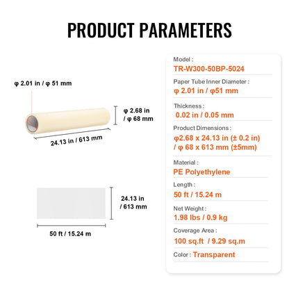 Carpet Protection Film, 24" x 50' Floor and Surface Shield with Self Adhesive Backing & Easy Installation, Polyethylene Adhesive Car Mat Protector Roll for Construction & Renovation