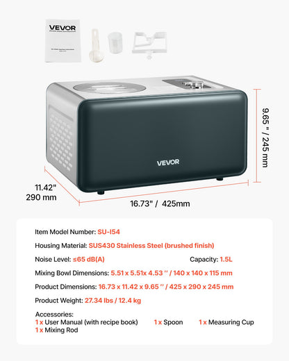 Automatic Ice Cream Maker with Built-in Compressor, 1.5L No Pre-freezing Gelato Maker, Electric Sorbet-Maker, 3 Modes Compressor Ice Cream Machine for Home Kitchen