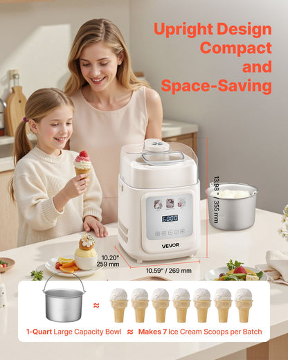 Upright Automatic Ice Cream Maker with Built-in Compressor, 1L No Pre-freezing Gelato Maker & Frozen Yogurt Machine, 4 Modes Electric Sorbet-Maker, Compressor Ice Cream Machine for Home