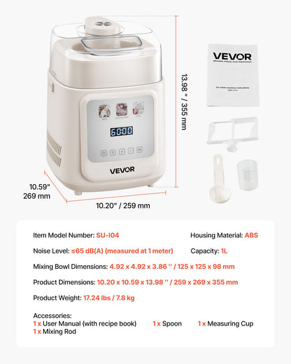 Upright Automatic Ice Cream Maker with Built-in Compressor, 1L No Pre-freezing Gelato Maker & Frozen Yogurt Machine, 4 Modes Electric Sorbet-Maker, Compressor Ice Cream Machine for Home