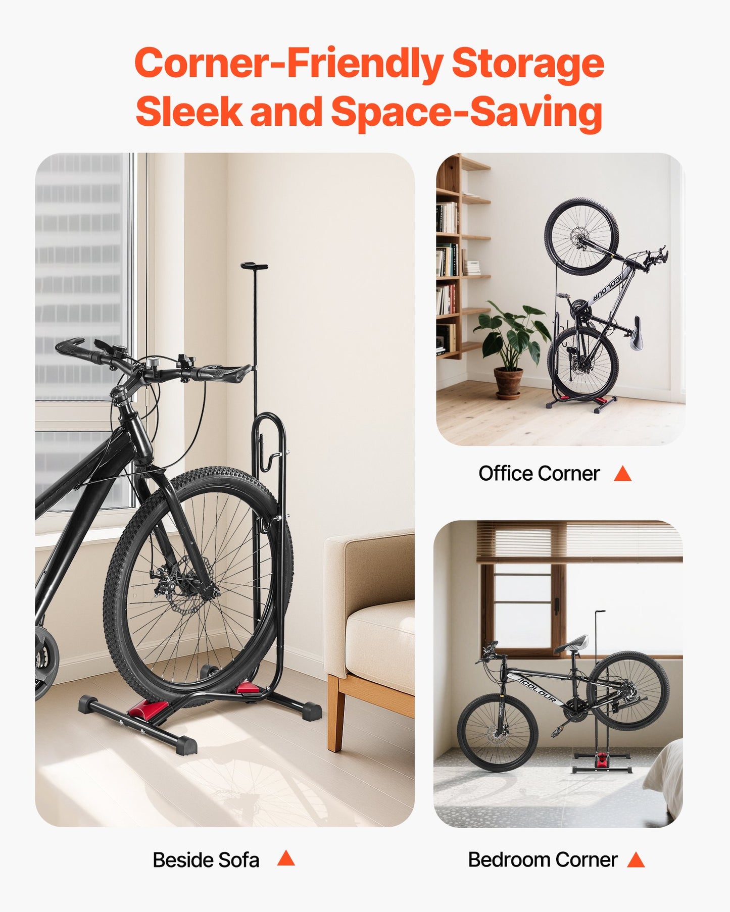 Bike Rack, Upright Bike Stand Floor for 406.4 to 700 mm Mountain & Road Bikes, Vertical & Horizontal Bicycle Stand for Secure Parking and Storage in Garage, Truck Bed, Indoor, Outdoor, Black