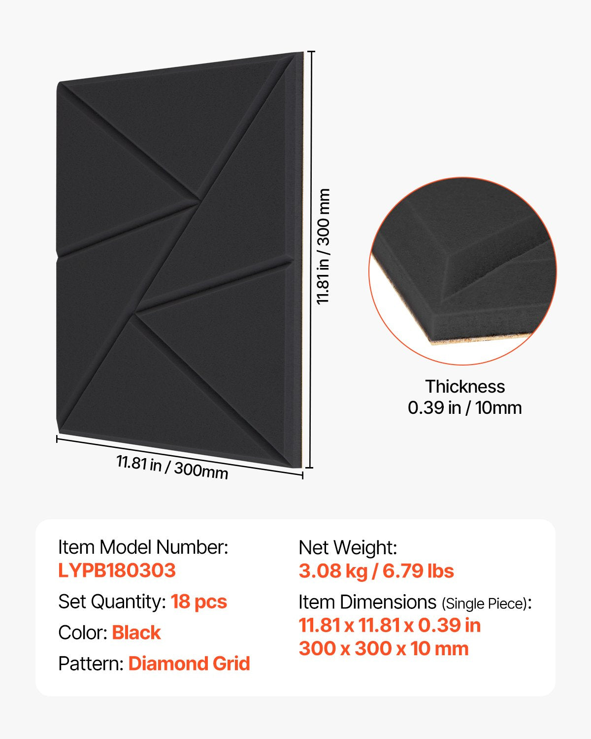 18 Pack Acoustic Panels with Self Adhesive, 11.8 x 11.8 x 0.4 inch Sound Proof Foam Panels, Polyester Fiber Soundproof Wall Panels High Density, for Home, Studio, Office, Theater, Black