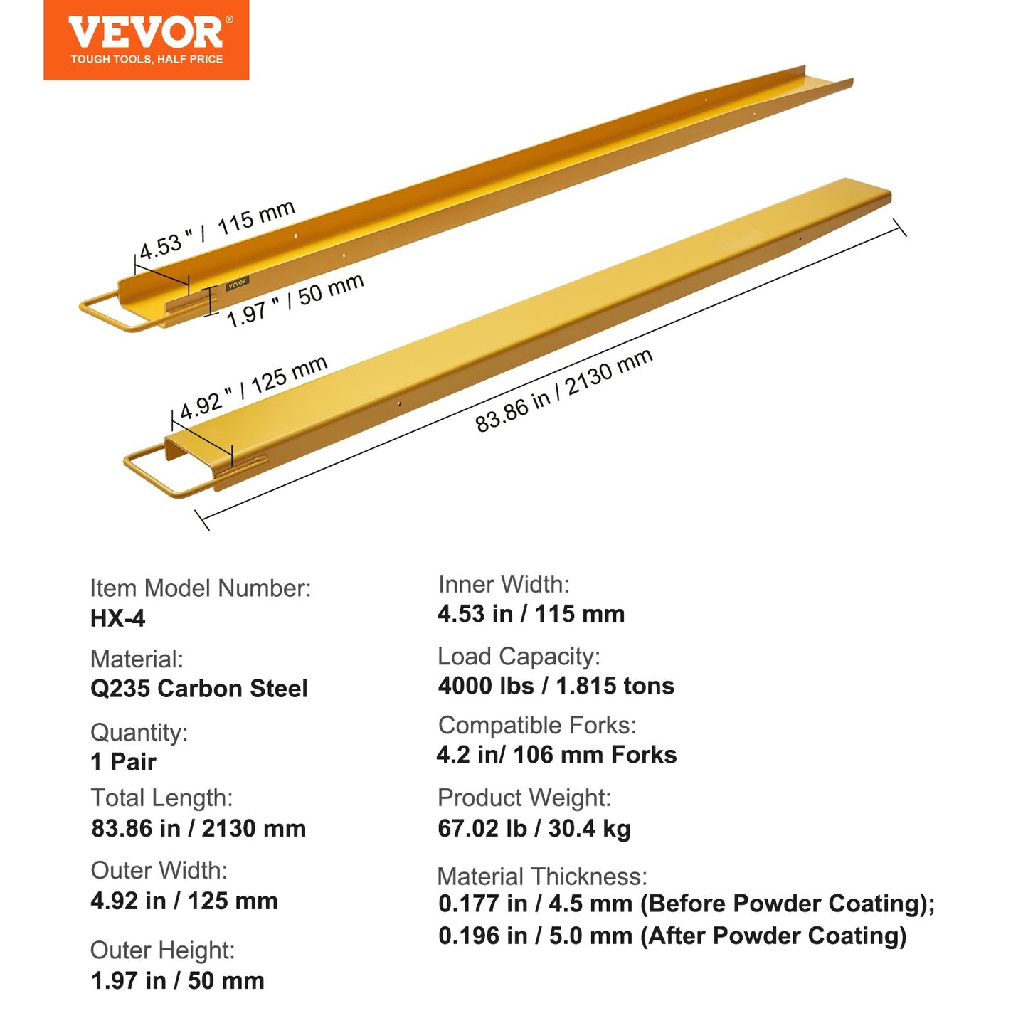Pallet Fork Extensions, 84" Length 4.5" Width, Heavy Duty Carbon Steel Fork Extensions for Forklifts, 1 Pair Forklift Extensions, Industrial Forklift Fork Attachments for Forklift Truck, Yellow