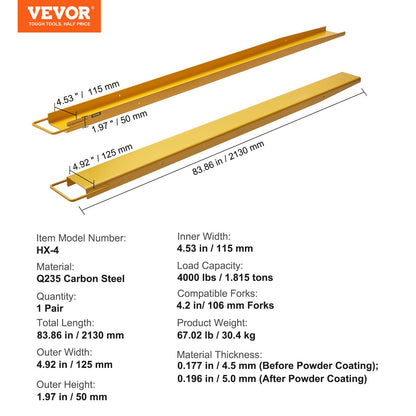 Pallet Fork Extensions, 84" Length 4.5" Width, Heavy Duty Carbon Steel Fork Extensions for Forklifts, 1 Pair Forklift Extensions, Industrial Forklift Fork Attachments for Forklift Truck, Yellow