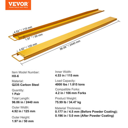Pallet Fork Extensions, 96" Length 4.5" Width, Heavy Duty Carbon Steel Fork Extensions for Forklifts, 1 Pair Forklift Extensions, Industrial Forklift Fork Attachments for Forklift Truck, Yellow