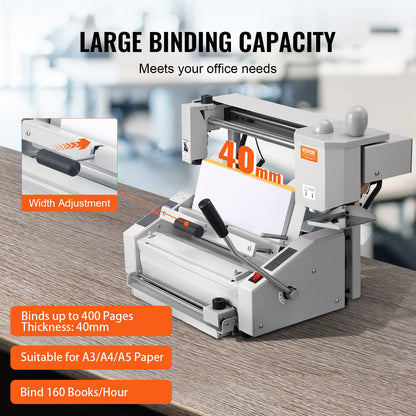Thermal Binding Machine, 400 Sheets Capacity Hot Glue Binding Machine, Thermal Book Binder 50mm Binding Thickness A3(Short Edge)/A4/A5 Document with Milling Cutter