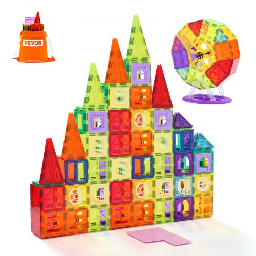 Magnetic Tiles, 180 PCS Magnetic Building Blocks for Kids, Magnet Building Set with 2 Car Bases & Ferris Wheel Stand, STEM Educational Construction Stacking Toys for Toddlers Boys Girls Aged 5+