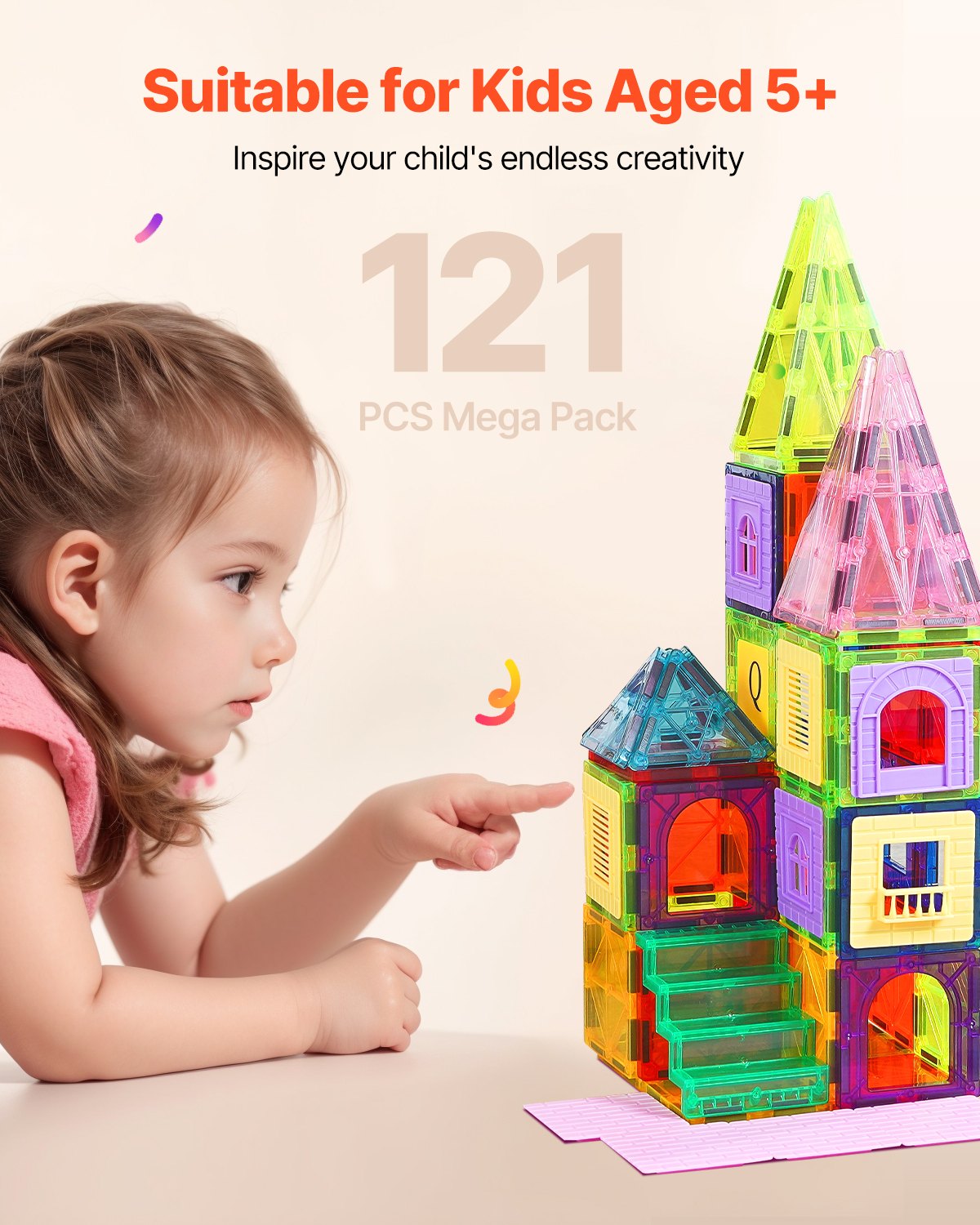 Magnetic Tiles, 121 PCS Magnetic Building Blocks for Kids, Magnet Building Set with 2 Car Bases & 26 Digital Cards, STEM Educational Construction Stacking Toys for Toddlers Boys Girls Aged 5+