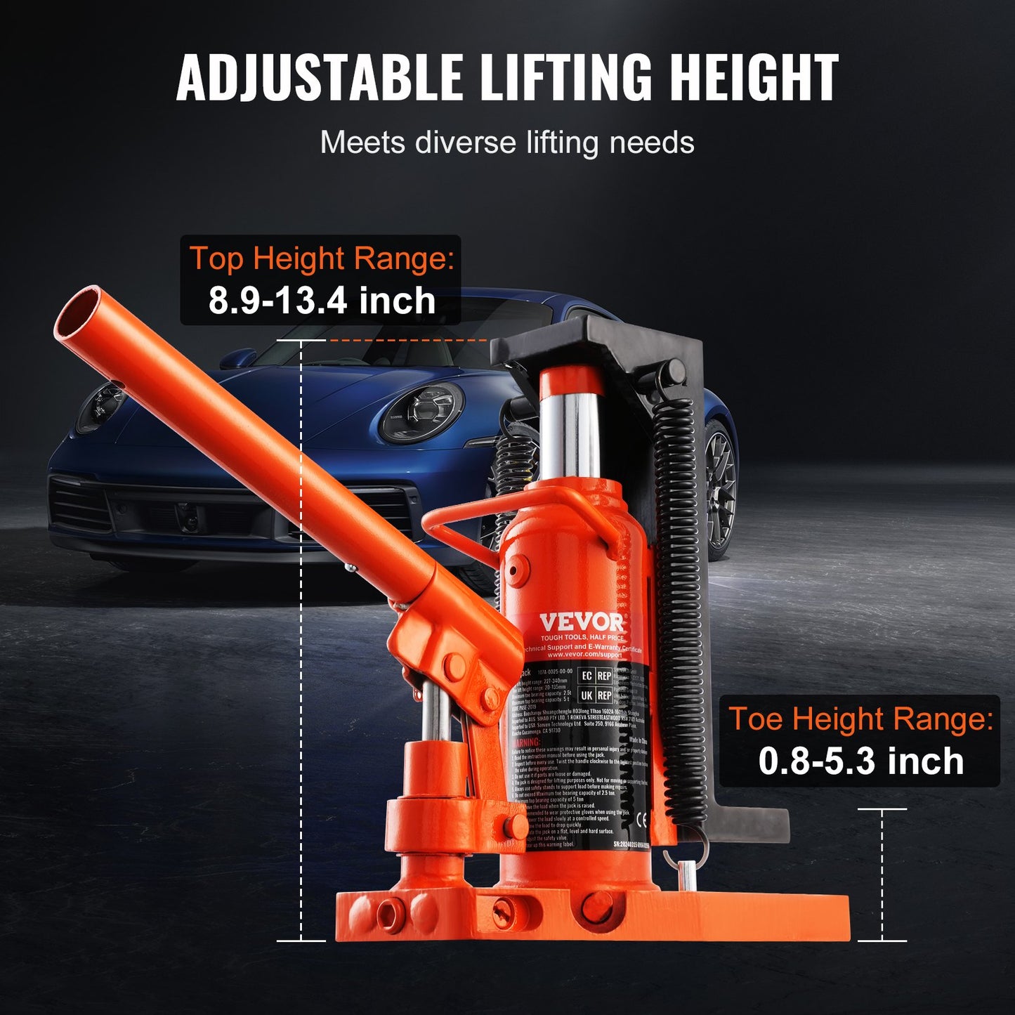 Hydraulic Toe Jack, 2.5 Ton/2268 kg On Toe Toe Jack Lift, 5 Ton/4536 kg On Top Lift Capacity Machine Jack, 0.8-5.3 in/2-13.5 cm Toe Height, 8.9-13.4 in/22.6-34 cm Top Height, Air Hydraulic Claw Jack for Machinery, Industry