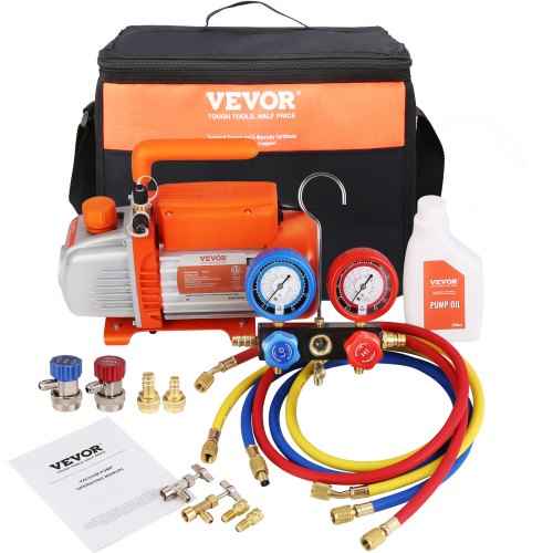 1/5 HP 3.5 CFM AC Vacuum Pump and Gauge Set, Single Stage Rotary Vane HVAC Air Vacuum Pump A/C Refrigerant Kit Manifold Gauge Set, with Three-Color Hose Carry Bag, Applicable to R134a, R1234yf