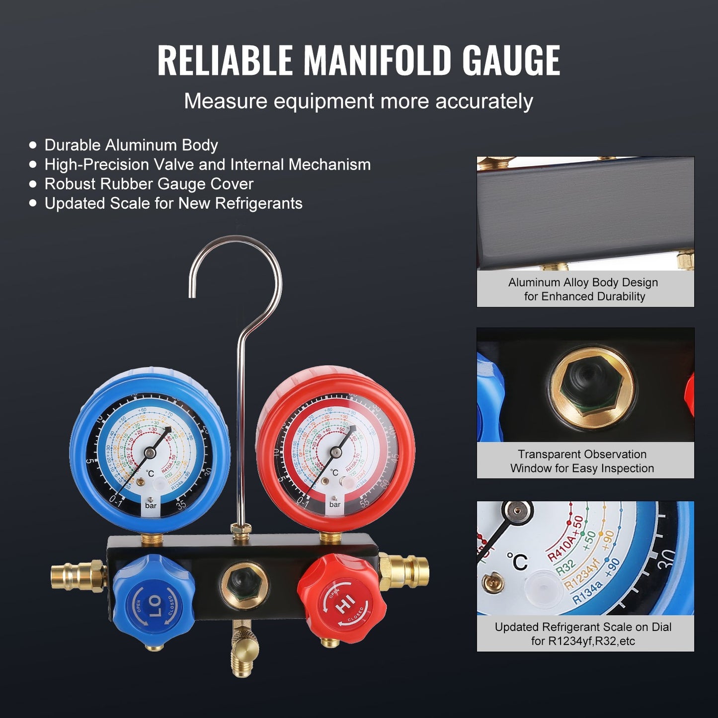 1/5 HP 3.5 CFM AC Vacuum Pump and Gauge Set, Single Stage Rotary Vane HVAC Air Vacuum Pump A/C Refrigerant Kit Manifold Gauge Set, with Three-Color Hose Carry Bag, Applicable to R134a, R1234yf