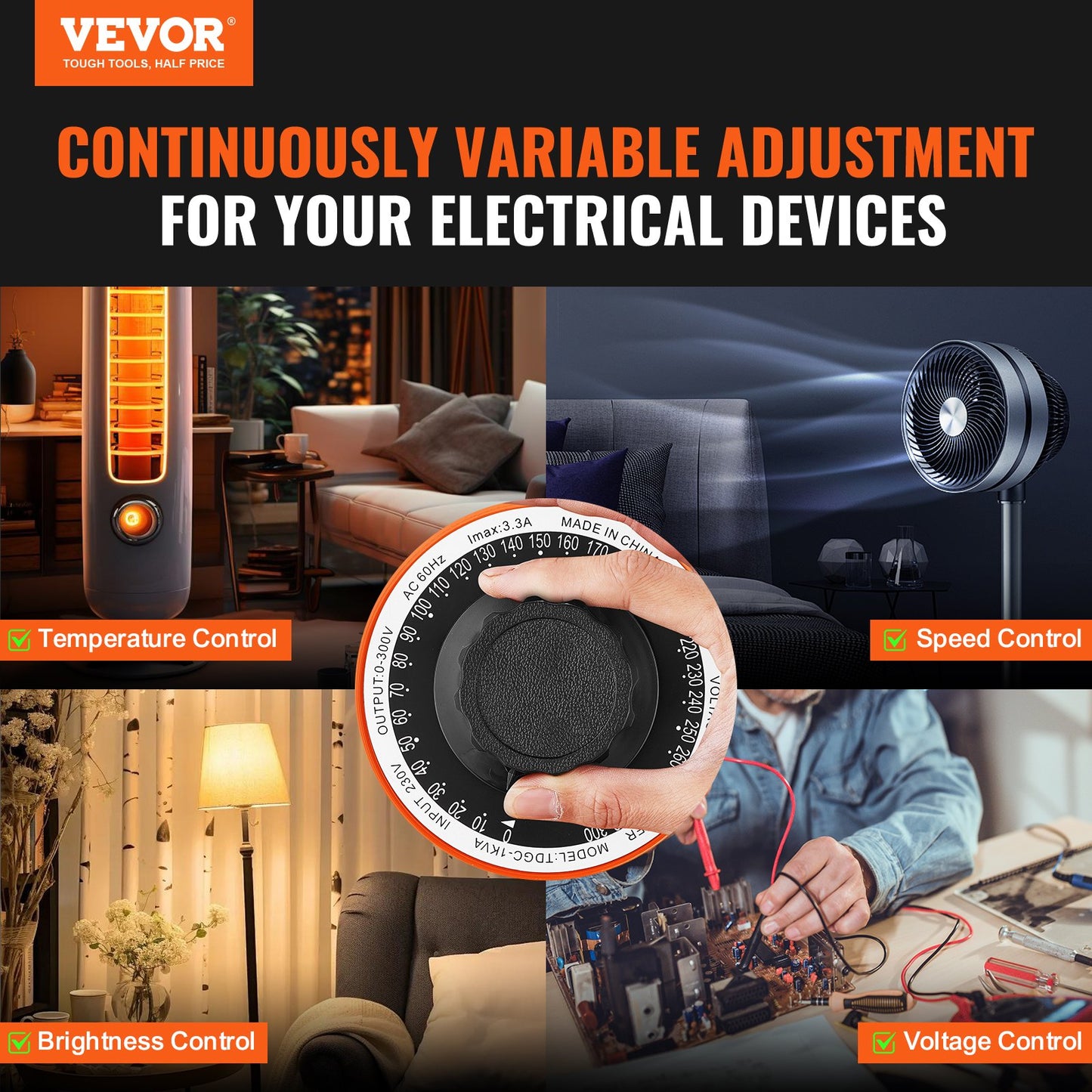 1000VA automatisk variabel spänningstransformator, 3,3 Amp, 230V ingång 0-300V utgång AC spänningsregulator, med LCD-display 4 extra säkringar termisk kontrollbrytare för hemmakontor, CE-certifierad