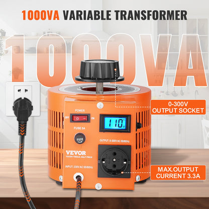 1000VA automatisk variabel spänningstransformator, 3,3 Amp, 230V ingång 0-300V utgång AC spänningsregulator, med LCD-display 4 extra säkringar termisk kontrollbrytare för hemmakontor, CE-certifierad