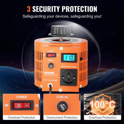 1000VA automatisk variabel spänningstransformator, 3,3 Amp, 230V ingång 0-300V utgång AC spänningsregulator, med LCD-display 4 extra säkringar termisk kontrollbrytare för hemmakontor, CE-certifierad