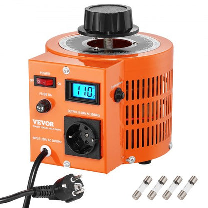 2000VA automatisk variabel spänningstransformator, 6,6 Amp, 230V ingång 0-300V utgång AC spänningsregulator, med LCD-display 4 extra säkringar termisk kontrollbrytare för hemmakontor, CE-certifierad