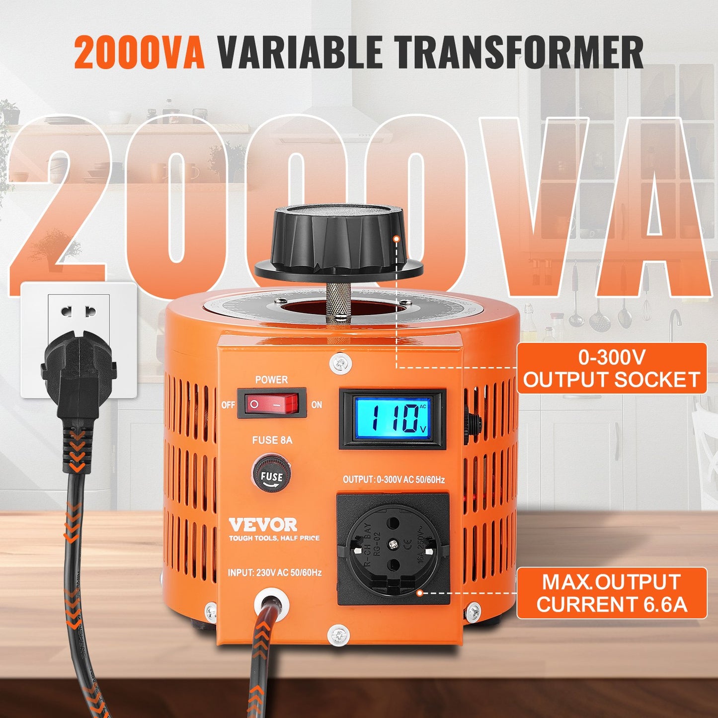 2000VA automatisk variabel spänningstransformator, 6,6 Amp, 230V ingång 0-300V utgång AC spänningsregulator, med LCD-display 4 extra säkringar termisk kontrollbrytare för hemmakontor, CE-certifierad