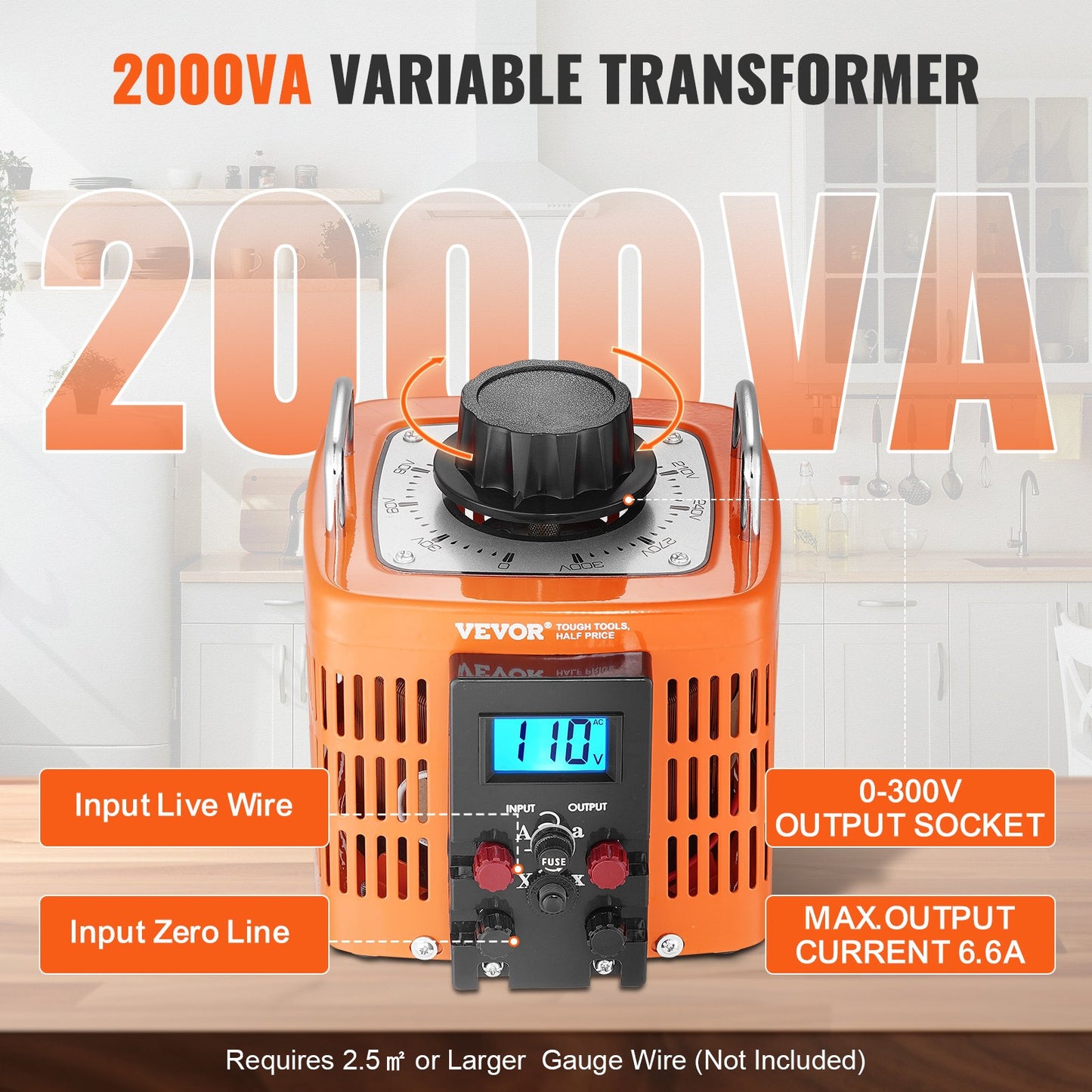 2000VA Auto Variable Voltage Transformer, 6.6 Amp, 230V Input 0-300V Output AC Voltage Regulator, with LCD Display 4 Extra Fuses Thermal Control Switch for Home Industrial Office, CE-Certified