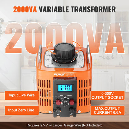 2000VA Auto Variable Voltage Transformer, 6.6 Amp, 230V Input 0-300V Output AC Voltage Regulator, with LCD Display 4 Extra Fuses Thermal Control Switch for Home Industrial Office, CE-Certified