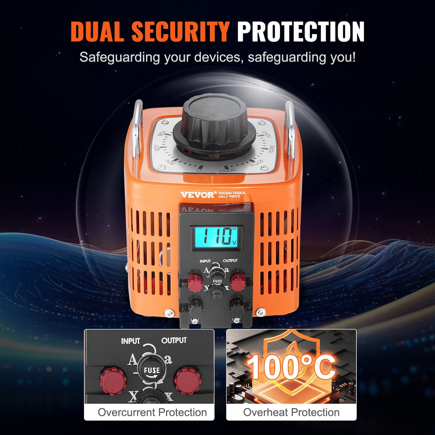 2000VA Auto Variable Voltage Transformer, 6.6 Amp, 230V Input 0-300V Output AC Voltage Regulator, with LCD Display 4 Extra Fuses Thermal Control Switch for Home Industrial Office, CE-Certified