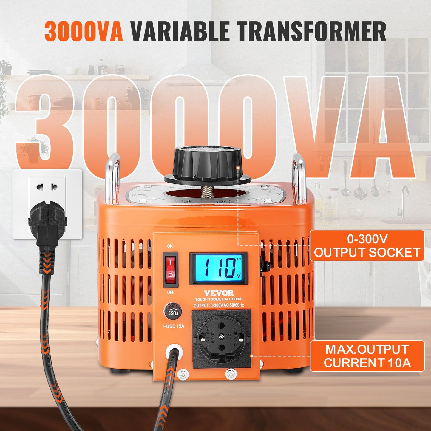 3000VA automatisk variabel spänningstransformator, 10 Amp, 230V ingång 0-300V utgång AC spänningsregulator, med LCD-display 4 extra säkringar termisk kontrollbrytare för hemmakontor, CE-certifierad