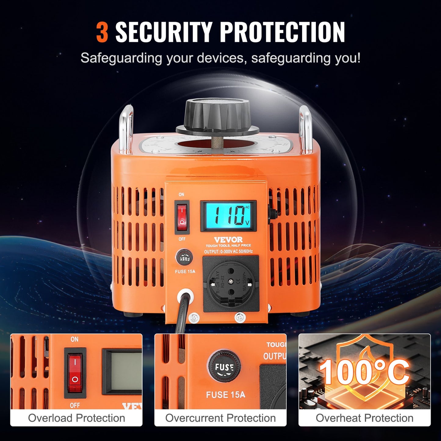 3000VA automatisk variabel spänningstransformator, 10 Amp, 230V ingång 0-300V utgång AC spänningsregulator, med LCD-display 4 extra säkringar termisk kontrollbrytare för hemmakontor, CE-certifierad