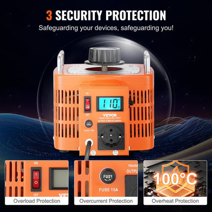 3000VA automatisk variabel spänningstransformator, 10 Amp, 230V ingång 0-300V utgång AC spänningsregulator, med LCD-display 4 extra säkringar termisk kontrollbrytare för hemmakontor, CE-certifierad