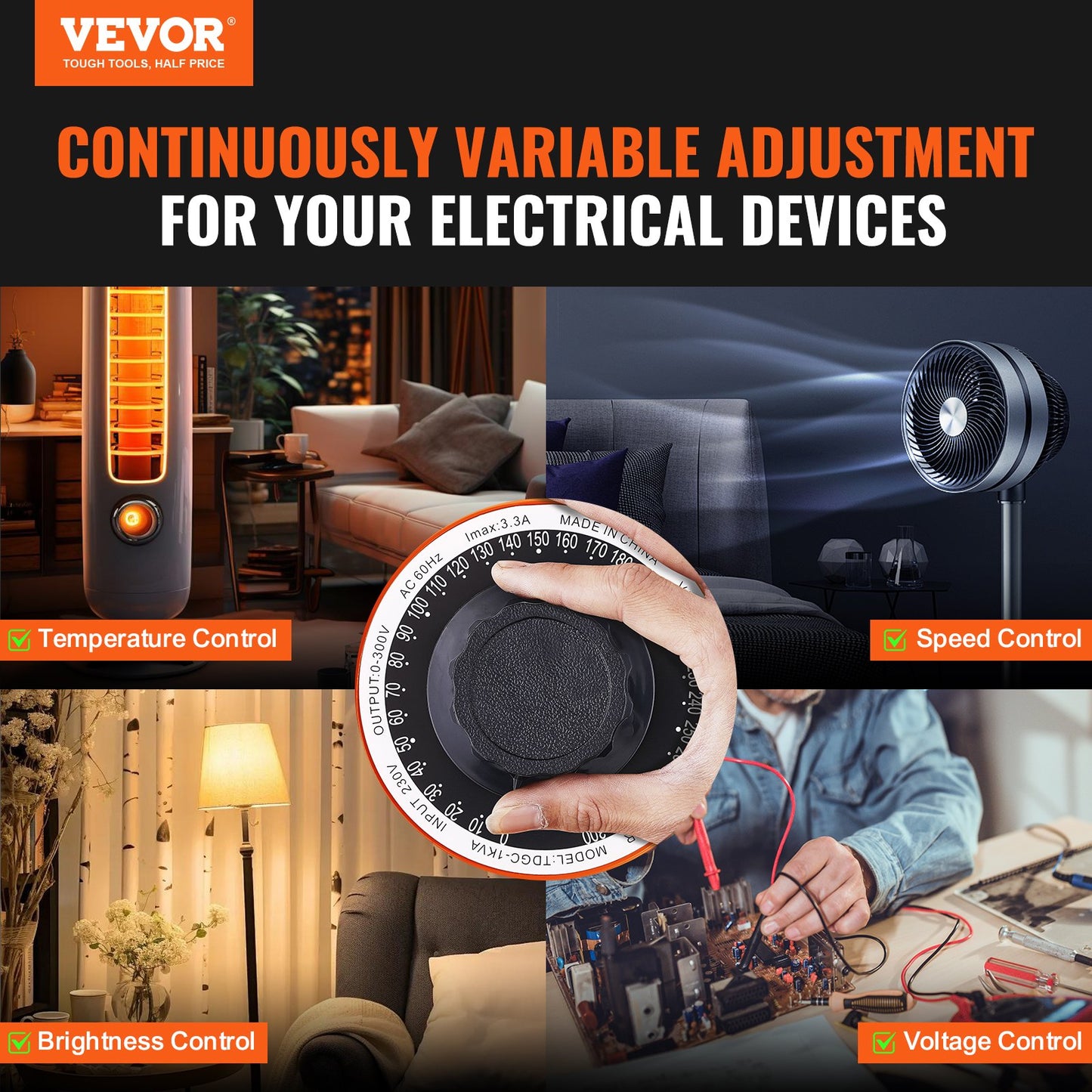 1000VA Auto Variable Voltage Transformer, 3.3 Amp, 230V Input 0-300V Output AC Voltage Regulator Power Supply, with 4 Extra Fuses Thermal Control Switch for Home Industrial Office, CE-Certified